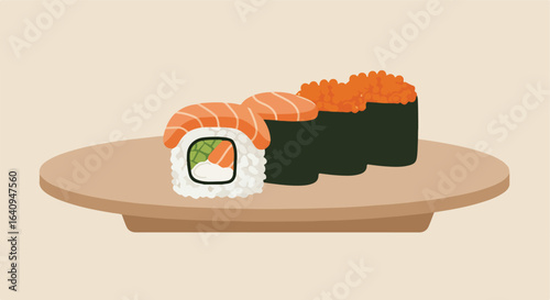 Sushi Variety Roll with salmon and rice, plus nori with orange fish eggs on a plate