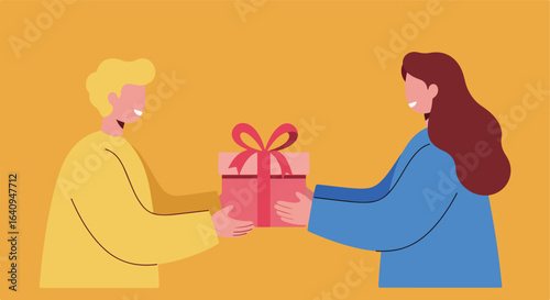 Gift Exchange Two people exchanging a wrapped gift with a ribbon on orange background