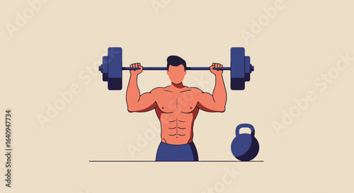 Weightlifting. Man with muscular torso and a barbell. Kettlebell in the picture