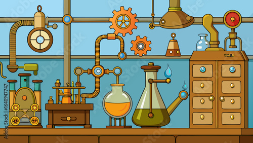 Illustration of a steampunk laboratory with gears, flasks, and various scientific apparatuses