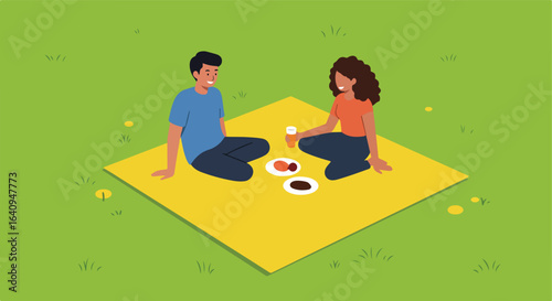 Couple enjoys a relaxing picnic outdoors with food and drinks on a yellow blanket