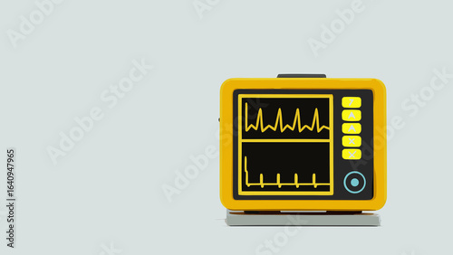 A yellow medical monitor displaying heart rate and other vital signs on a light blue background