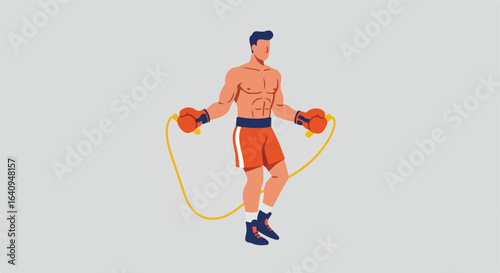 Boxer doing jump rope exercise for cardio, wearing gloves and sport shoes