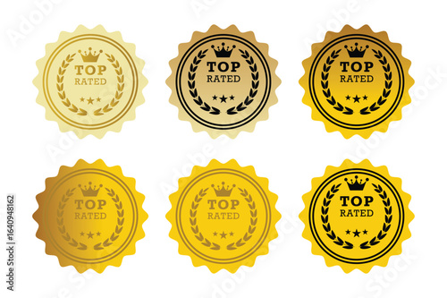 Top rated award badges with crowns and laurel wreaths. Vector illustration of six golden top rated award badges
