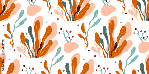 Autumn seamless pattern with plants. Hand drawn background with leaves, branches and berries. Print with color nature elements, vector flat cartoon illustration