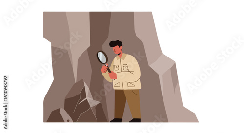 Illustrator Man inspecting rocky wall using magnifying glass on a discovery trip