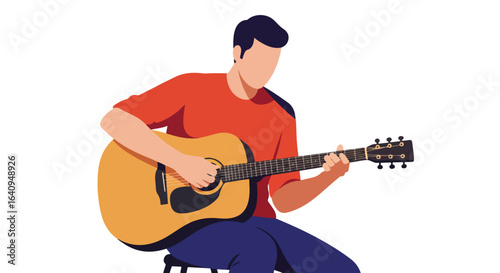 Man playing acoustic guitar while seated on a stool, creating melodic tunes