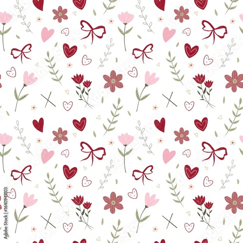 Wallpaper Mural A repeating pattern featuring hearts, bows, flowers, and foliage, arranged on a white background Torontodigital.ca