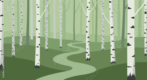 Birch Forest Path A serene trail winds through a forest of trees with dappled leaves