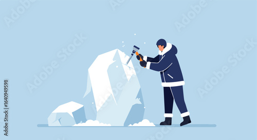 Person carves a sculpture from ice with chisel, on a snowy light blue background