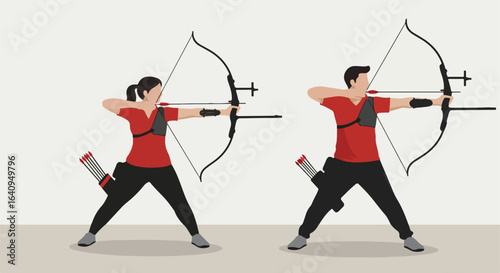 Two archers. Man and woman with bows and arrows. Aiming. Shooting range. Practice