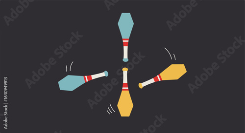 Four juggling pins in motion on dark backdrop, two blue, two yellow