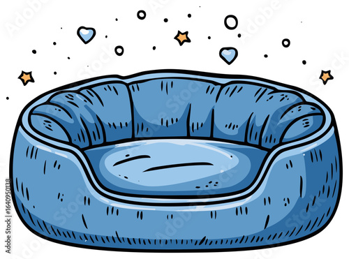 Cozy blue pet bed with stars and hearts floating around