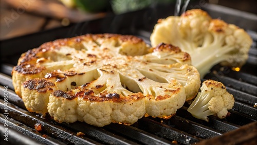 Cauliflower steak sizzling on a grill with charred edges and flavorful browning