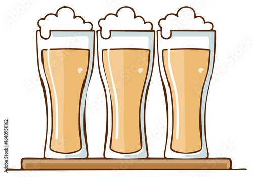 Three Beer Glasses with Foam on a Shelf Refreshment Celebration Brews