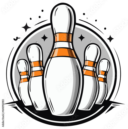 Bowling pins arranged in a stylized circular emblem with scattered stars and dots