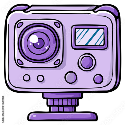 Purple action camera with waterproof case and mount cartoon illustration