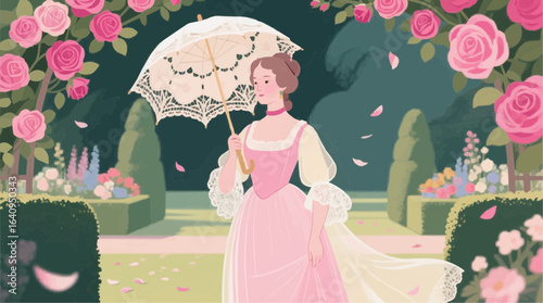 girl in the garden in Regency Era, Pride and Prejudice theme