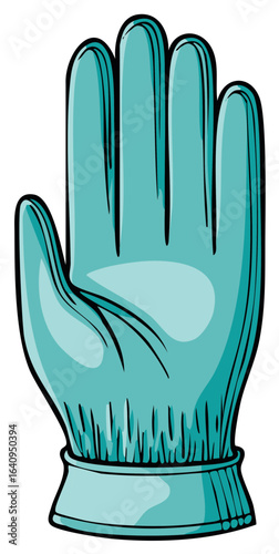 Teal rubber medical glove with black outlines