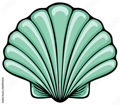 Stylized aqua scallop seashell with black outline on white background