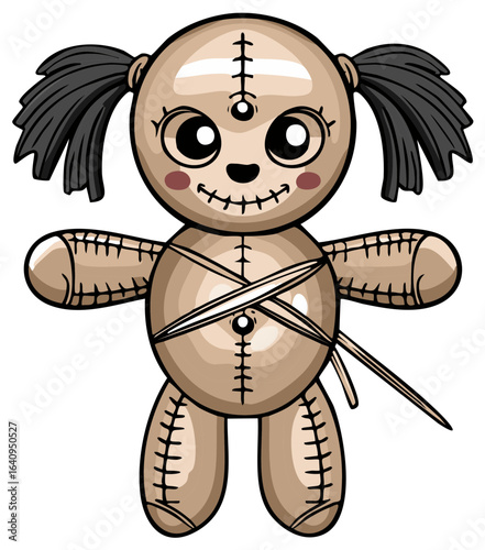 Cute Voodoo doll cartoon with stitches and dark hair, whimsical illustration for design.