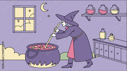 A witch stirring a cauldron with a shop in the background under a moonlit sky with clouds and stars