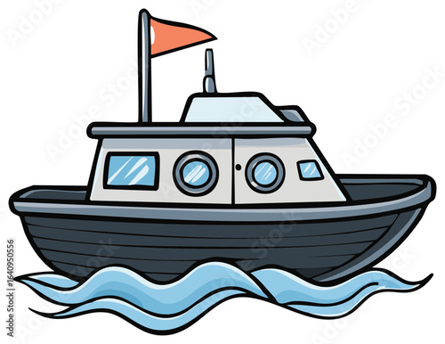Cartoon boat on the waves, blue water, fishing boat with flag, vessel on the sea, motorboat illustration, ship icon, marine transport