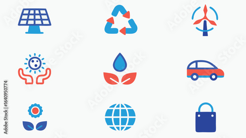 Collection of nine eco friendly icons representing renewable energy and sustainability topics shown here