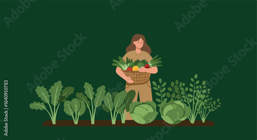 Harvest Woman with a basket of vegetables in her vegetable garden on green background