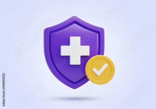 Secure health protection symbolized by a purple shield with a white cross and a yellow checkmark