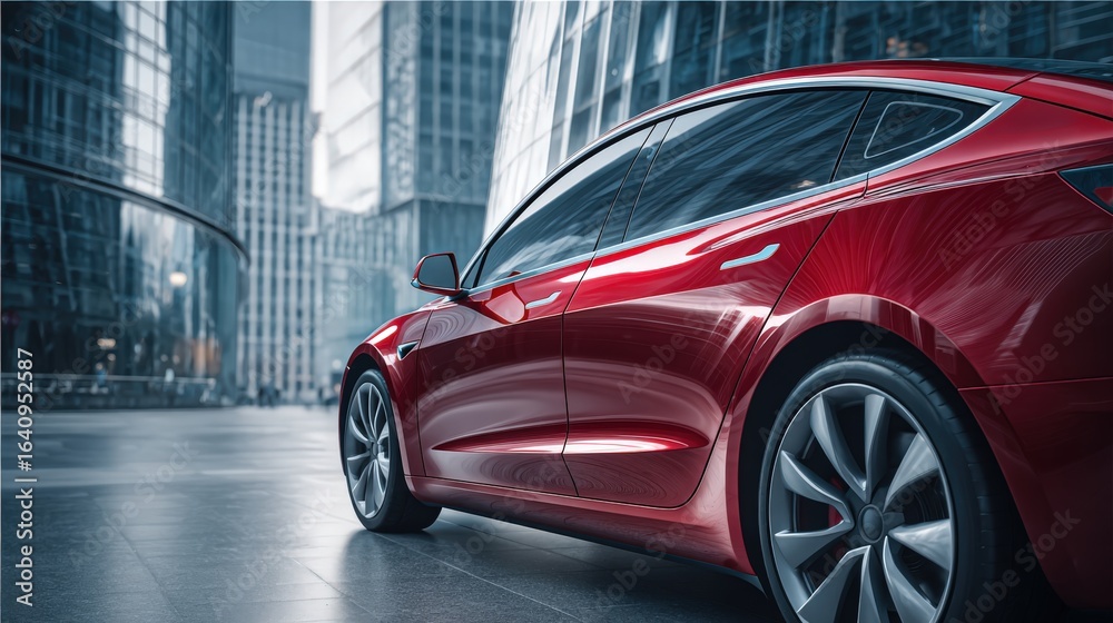 Fototapeta premium Sleek Red Electric Vehicle on Urban Street with Modern Architecture Backdrop