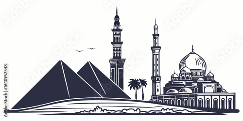 Mosque and Pyramid Landscape Illustration
