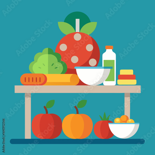 Healthy Food on Table Vector Illustration