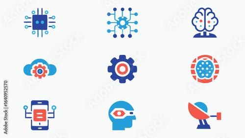Illustration of artificial intelligence and technology icons in blue and red colors