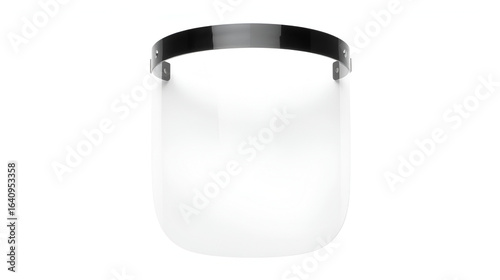A clear plastic face shield isolated on a white background. The shield is designed to protect the wearer's face from splashes and airborne particles.