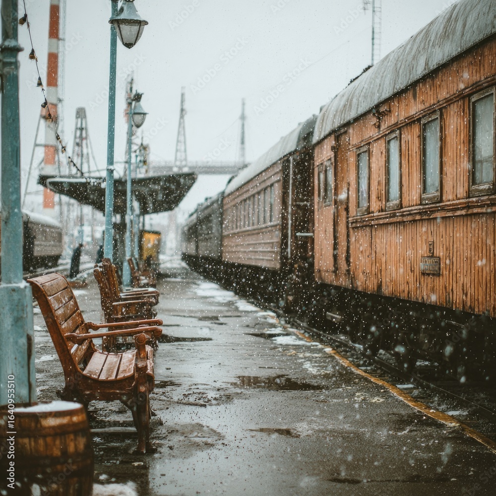 Fototapeta premium Snowy train station, vintage benches