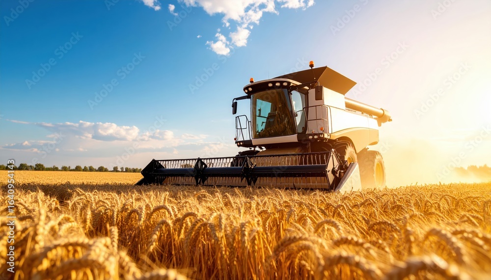 Fototapeta premium Modern agricultural machinery harvesting golden wheat in a sunlit field, showcasing the efficiency of farming technology and the beauty of rural landscapes