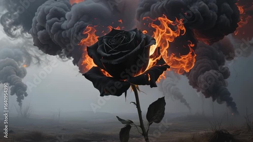 Black rose on fire with smoke clouds and destruction in background