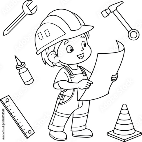 Child Engineer Coloring Page  Construction Tools and Career Theme Vector