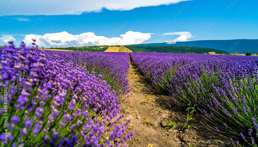 Naklejka premium Extensive lavender field under a vibrant blue sky.