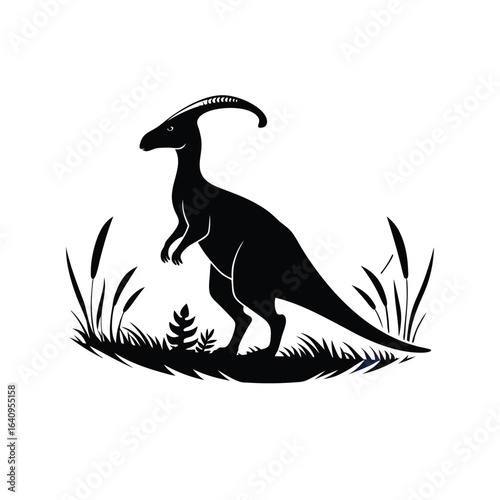 Silhouette of parasaurolophus in grassy environment