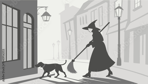 Illustration of a witch sweeping with a broom in a park with a dog under a full moon at night time
