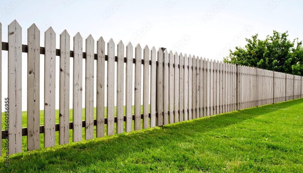 Light gray wooden picket fence on a grassy lawn.