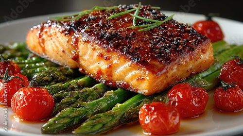 Baked salmon with asparagus and cherry tomatoes