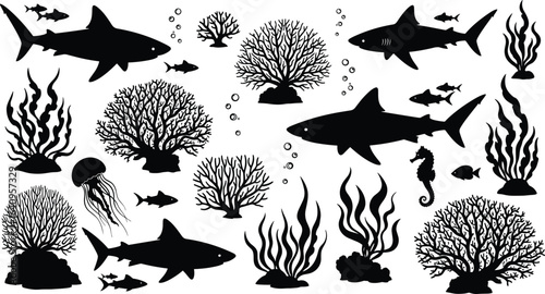 Underwater marine life silhouette illustration with sharks, coral reef, seaweed, fish, jellyfish, ocean animals, sea creatures, black vector design
