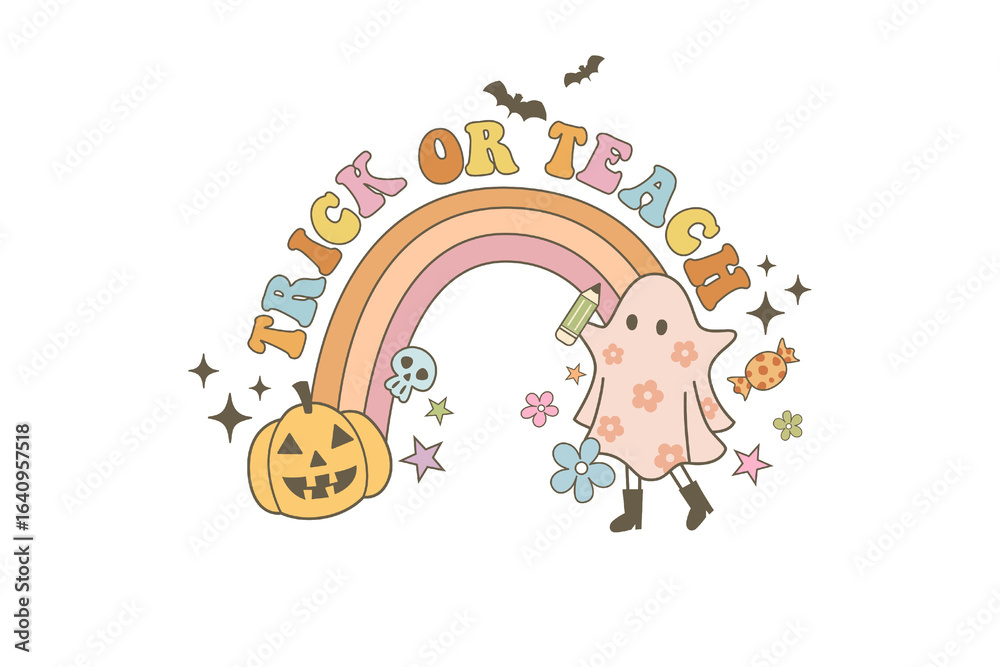 Naklejka premium Trick or Teach Halloween Teacher Ghost with Rainbow Sublimation T Shirt Design