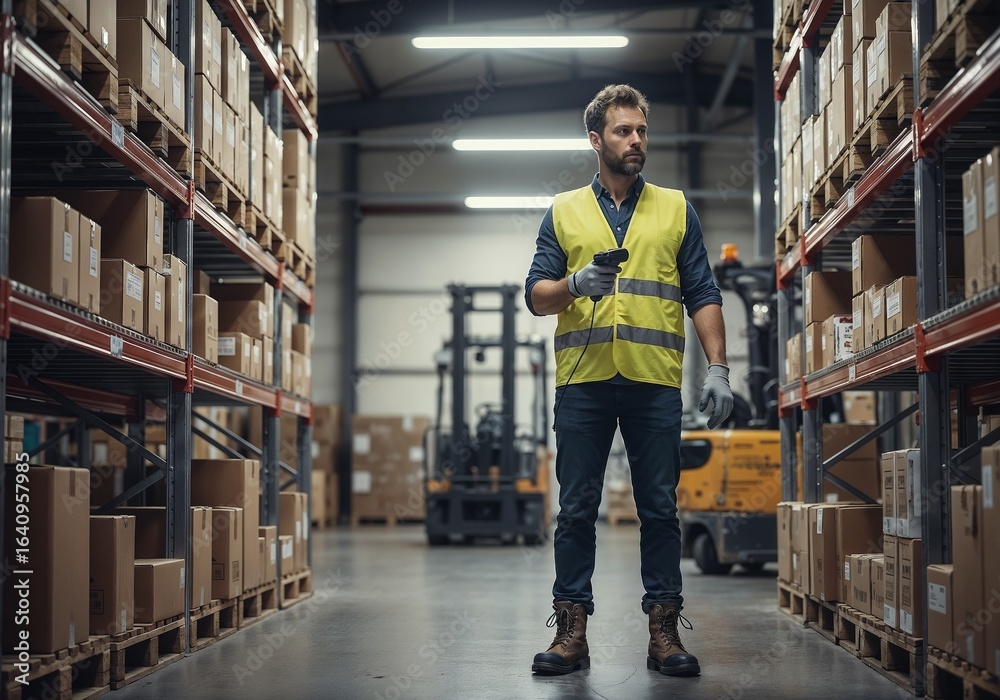 Obraz premium Warehouse worker checks inventory while standing between shelves filled with packed boxes during a busy workday