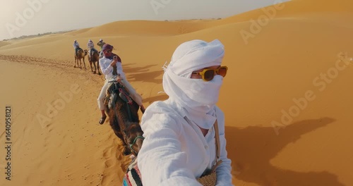 Camel caravan exploring sandy dunes in a desert adventure