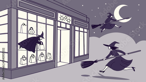 Witches flying on broomsticks shop at night with a moon in the sky and stars above the store front