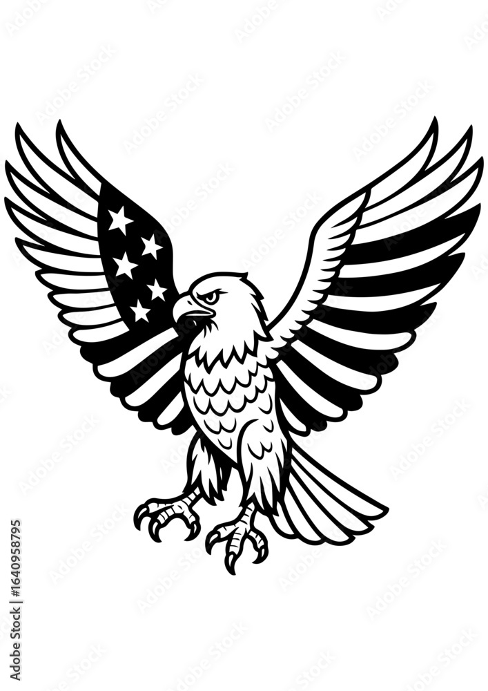 Fototapeta premium Black and white vector eagle with American flag design on wings, perfect for engraving, tattoos, prints, and patriotic creative projects